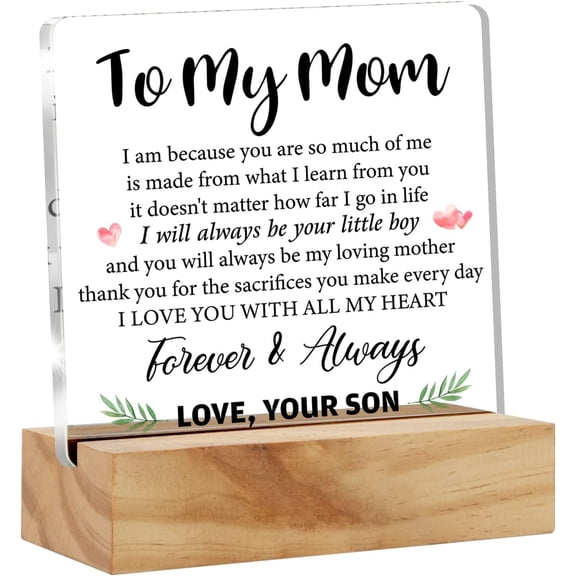 Mother Gift Thank You Mom Gifts From Son, to My Mom Love You Desk Decor Floral Acrylic Desk Plaque Sign with Wood Stand Home Office Desk Sign Keepsake Present