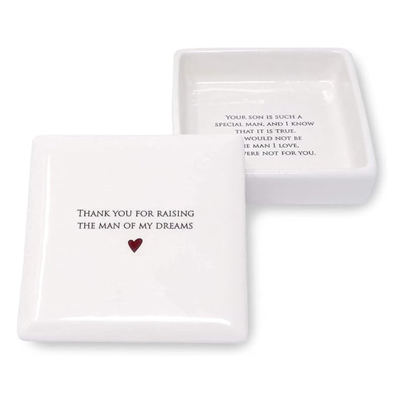 Mother of the Groom Gift or Mother's Day Gift for Mother-in-Law, Square Keepsake Box with Lid, Thank you for Raising the Man of My Dreams, Handmade Ceramic Jewelry Box
