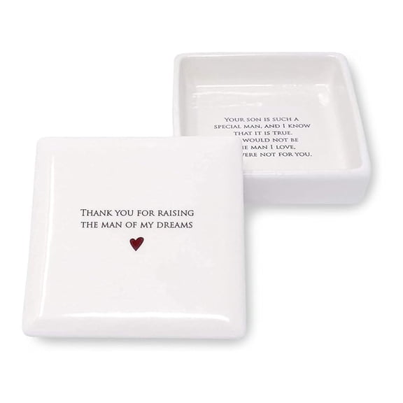 Mother of the Groom Gift or Mother's Day Gift for Mother-in-Law, Square Keepsake Box with Lid, Thank you for Raising the Man of My Dreams, Handmade Ceramic Jewelry Box