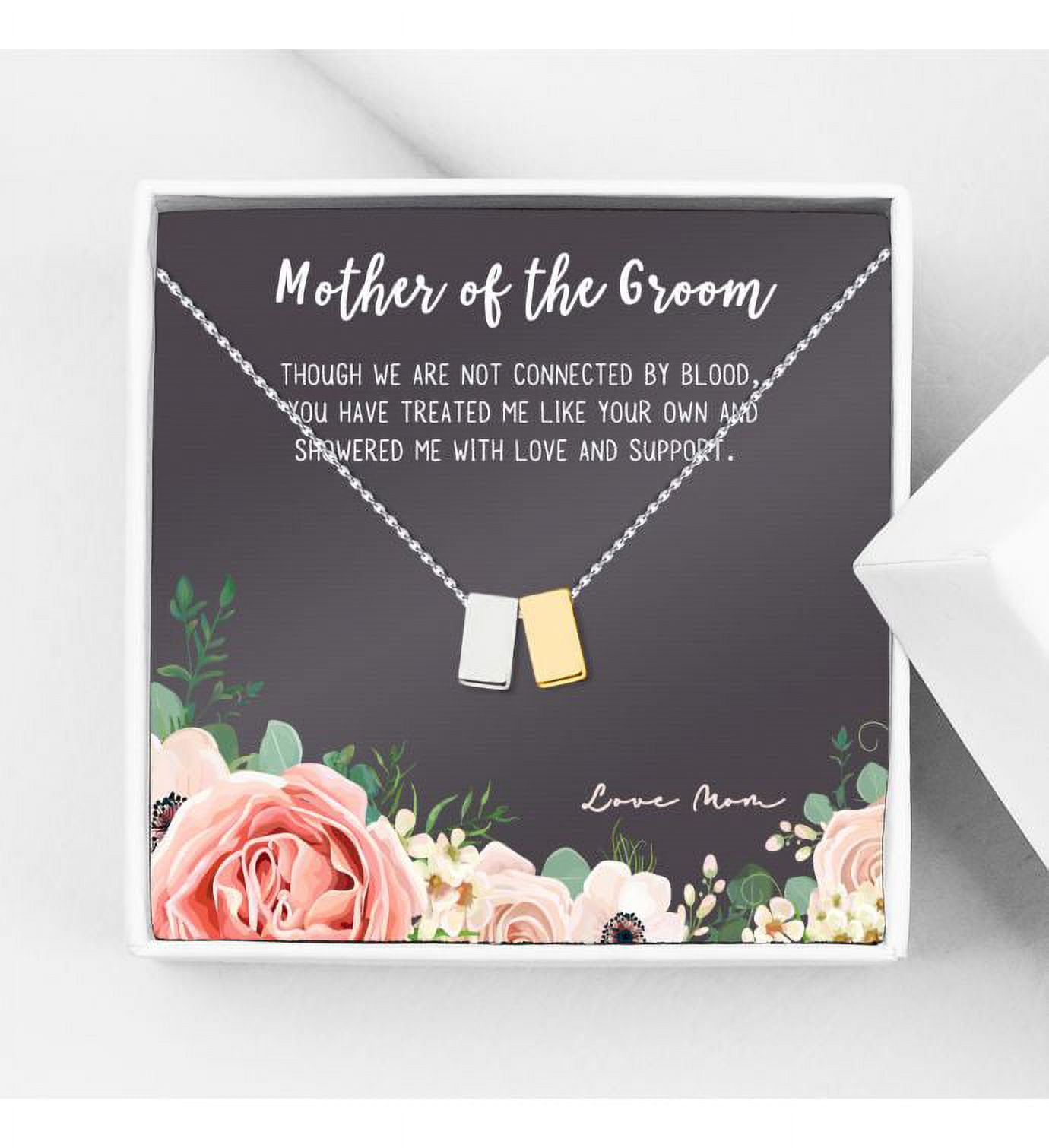 Mother of the Groom Silver Cube Necklace, Wedding Day Gift for Mother, Mother's Day Jewelry, Cube Necklace for Mother's Day, Mother's Day Jewelry Gift for Her [Silver-Gold Cube, No-Personalized Card