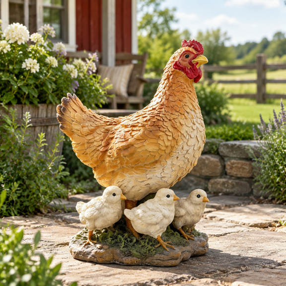 Mother Hen and Chick Garden Statue, 13.7 Inch High Chicken Sculpture for Outdoor and Indoor Decor