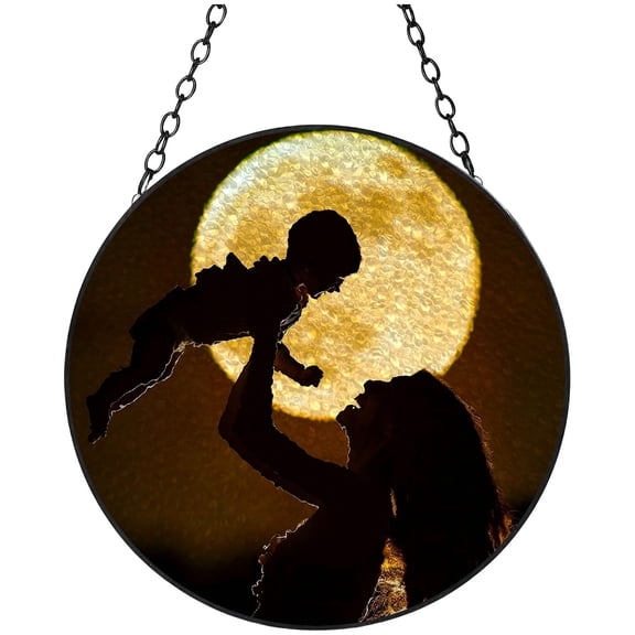 Mother Hold Son to Moon Stained Glass Suncatcher Handmade Window Hanging Colored Glass Suncatcher Crafts Kits for Indoor Garden Decor Memorial Gift 16x16cm