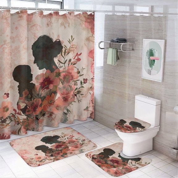 Mother Holding Her Kid with Flowers 4 Piece Bathroom Shower Curtain Sets Bathroom Decor Set with Non-Slip Rugs Toilet Lid Cover And Bath Mat for Mother from Granddaughter Grandson