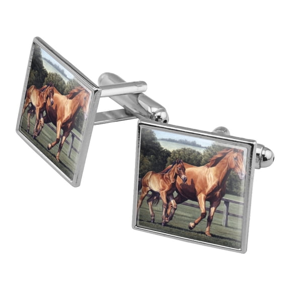 Mother Horse and Foal Baby Fresh Start Square Cufflink Set - Silver or Gold