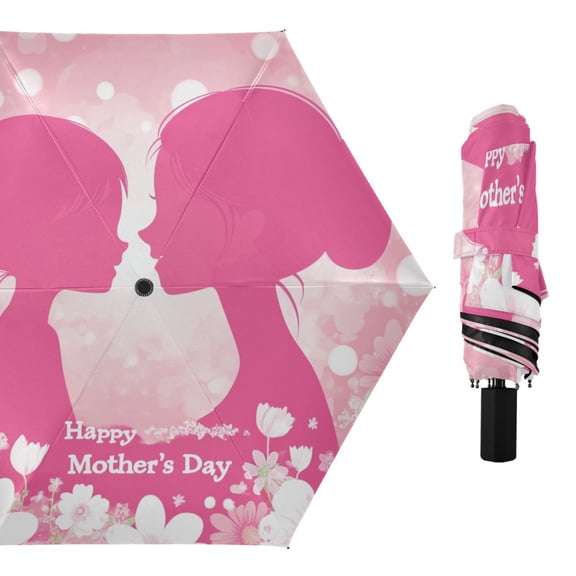Mother Hug Daughter Mothers Day All Weather Umbrella Triple Folding Parasol 6 Ribs UV Protection Portable