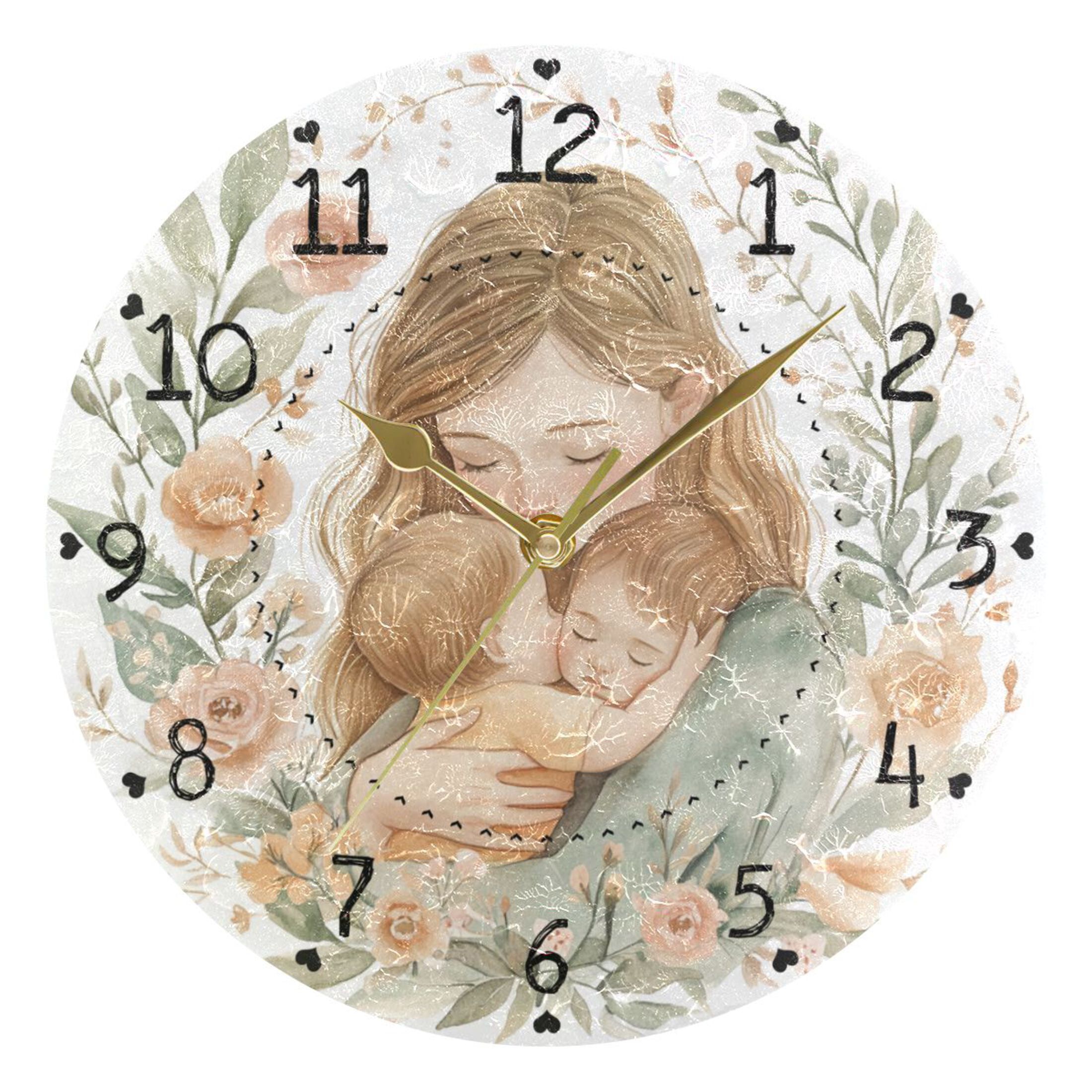 Mother Hug Flowers Mothers Day Round Wall Clock Silent Analog Battery ...