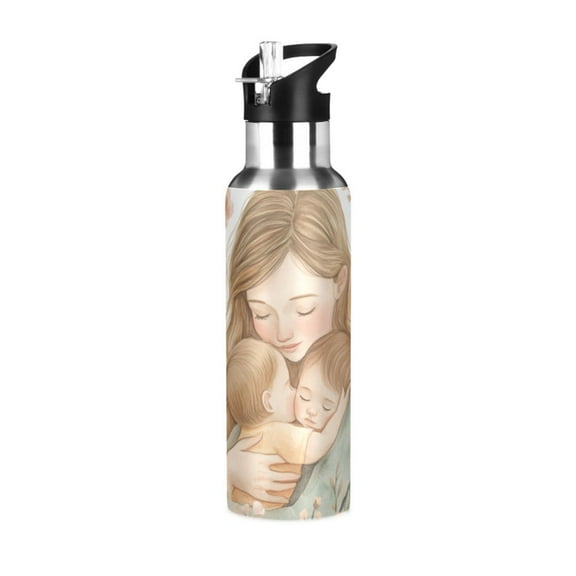 Mother Hug Flowers Mothers Day Sports Bottle with Straw Stainless Steel Water Jug Portable Thermal Cup Leak-proof 600ML