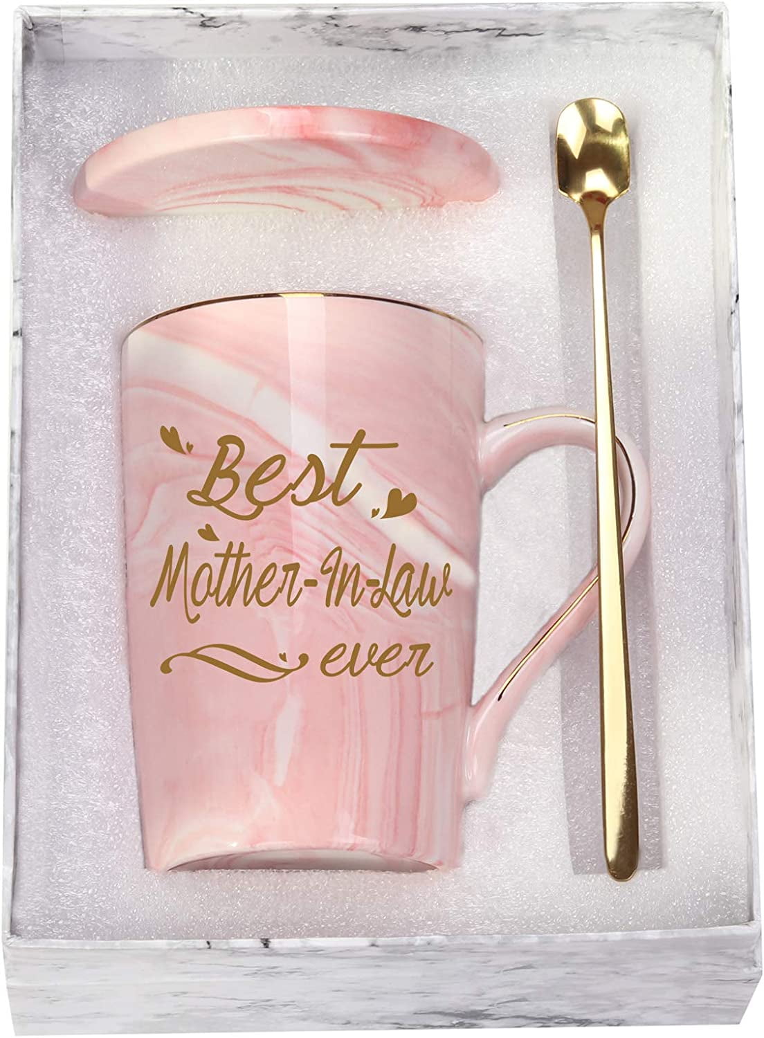 Pink Ceramic Mother-In-Law Mug with Gold Print and Spoon