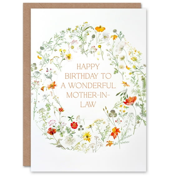 Mother In Law Happy Birthday Card Simple Delicate Elegant Floral Circle Flowers And Plants Gardening For Her Greeting Card