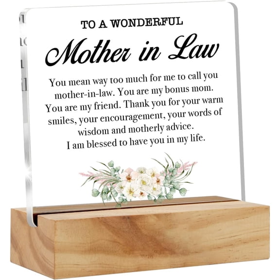 Mother in Law Gift Floral Mother of the Groom Gifts Mother in Law Desk Decor Bonus Mom Acrylic Desk Plaque Sign with Wood Stand Home Office Desk Sign Keepsake