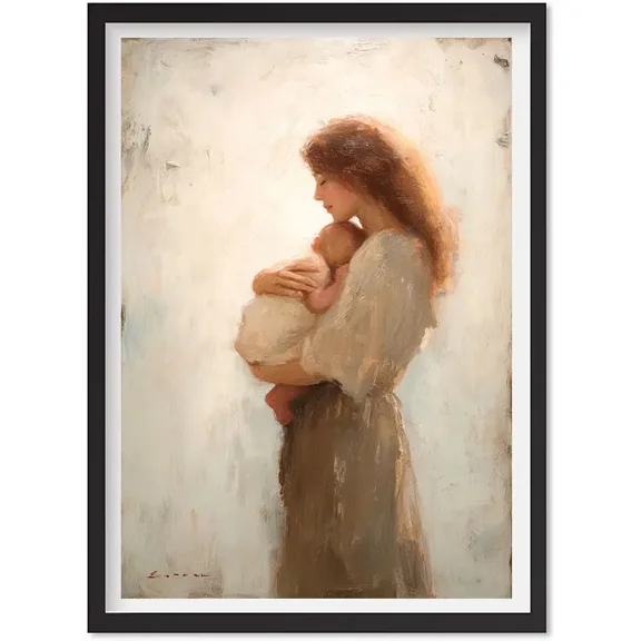 Mother With Long Blonde Hair And Baby Fine Art Print, Matte Canvas Stretched, Posters for Room Bedroom Living Room Bathroom Wall Decor, Posters & Art Prints, Gift.