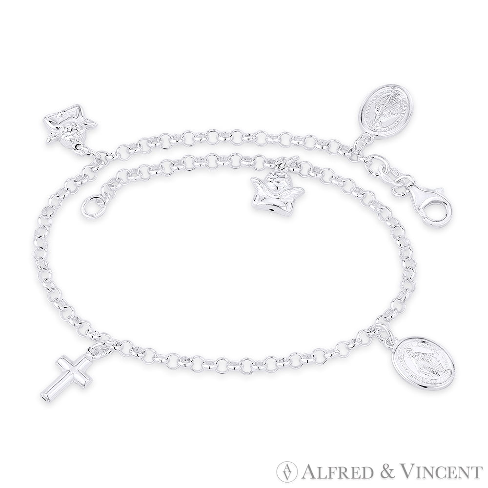 Mother Mary Miraculous Medal, Cross, Angel, & 3mm Rolo Chain Italian Charm Anklet in .925 Sterling Silver
