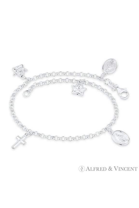 Mother Mary Miraculous Medal, Cross, Angel, & 3mm Rolo Chain Italian Charm Anklet in .925 Sterling Silver