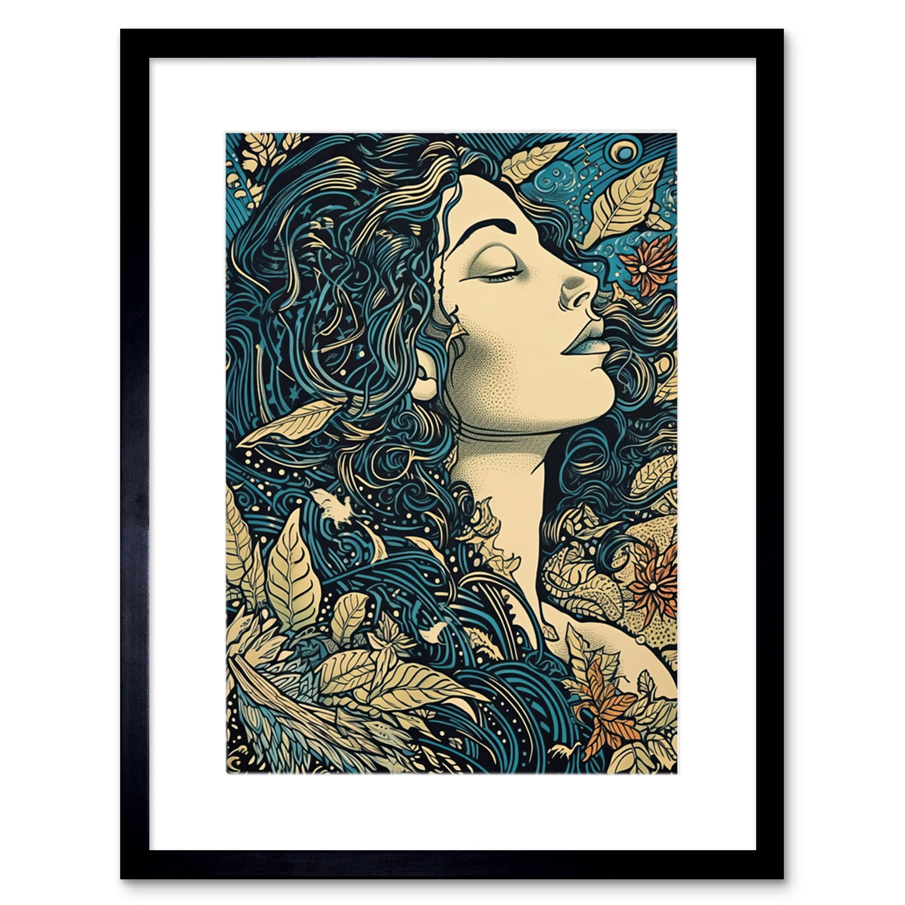 Mother Nature Modern Boho Art Nouveau Linocut Artwork Framed Wall Art ...