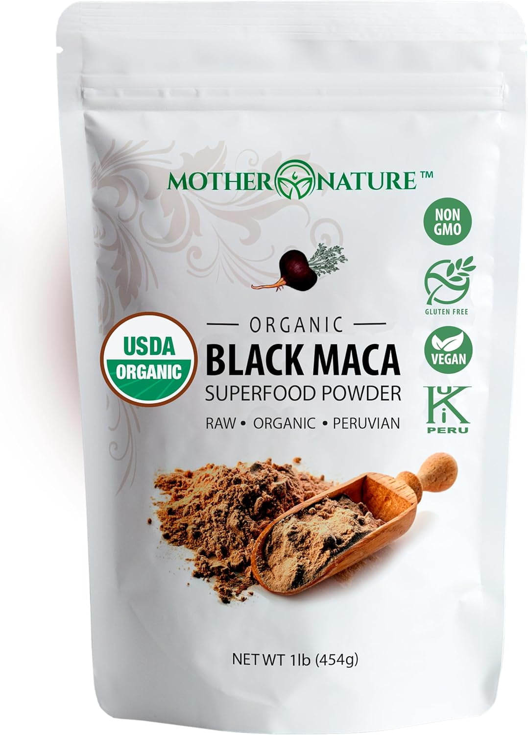 Mother Nature Organics 100% USDA Organic Black Maca Powder  Raw Superfood from Peru  Non-GMO, Vegan, Gluten-Free  Energy & Stamina Support  16oz (90 Servings)