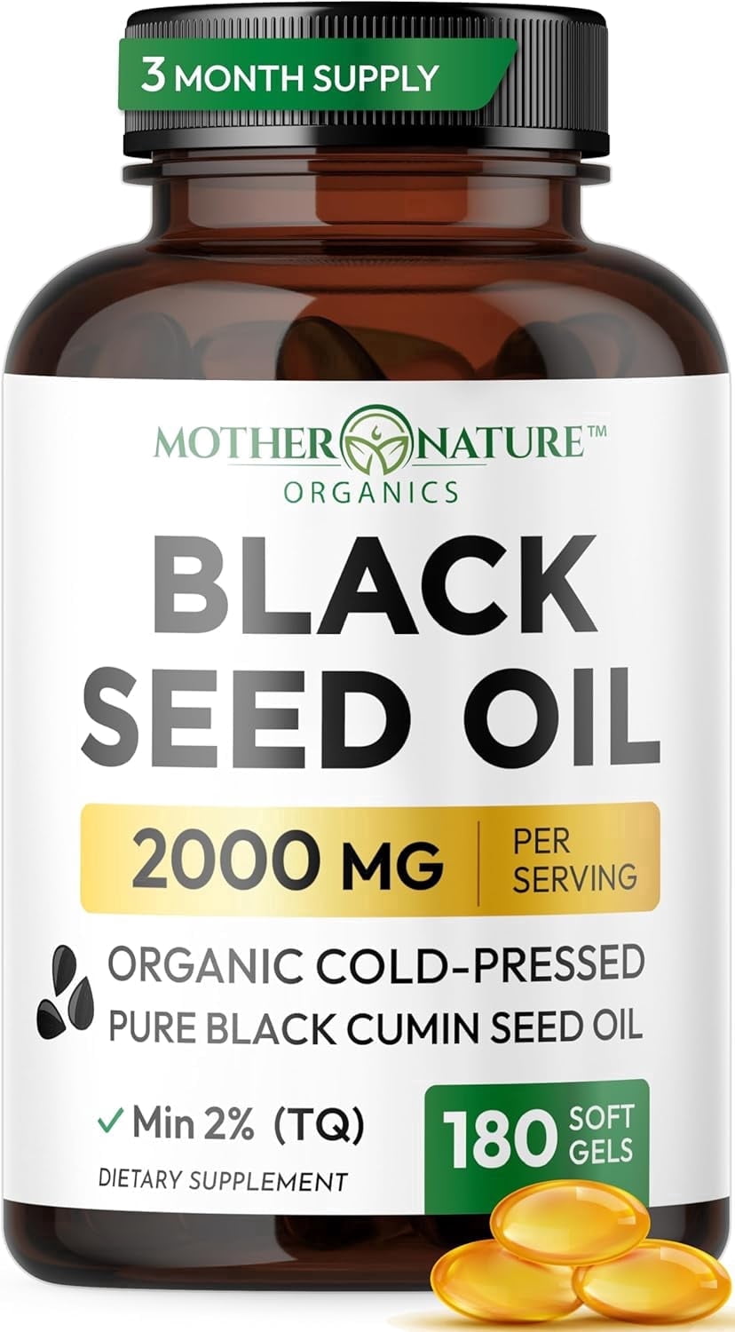 Mother Nature Organics Black Seed Oil Capsules 2000mg – 180 Softgels | Supports Heart, Immune & Digestive Health | Promotes Hair & Nail Strength