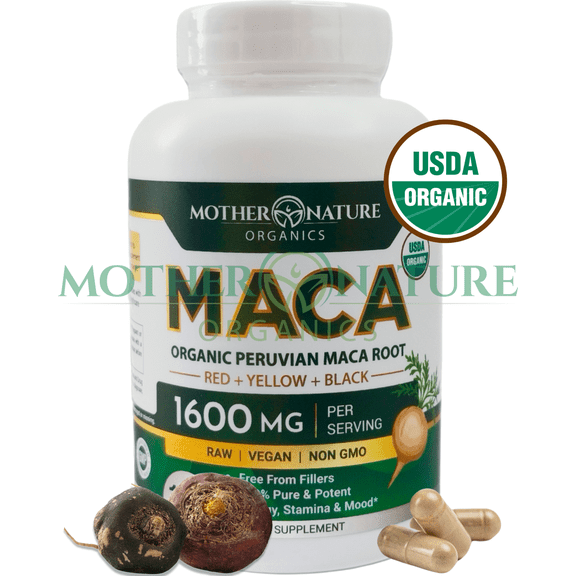 Mother Nature Organics Maca Root Capsules, 120 ct, USDA Organic, Non-GMO, Vegan, Peruvian Raw Maca for Energy