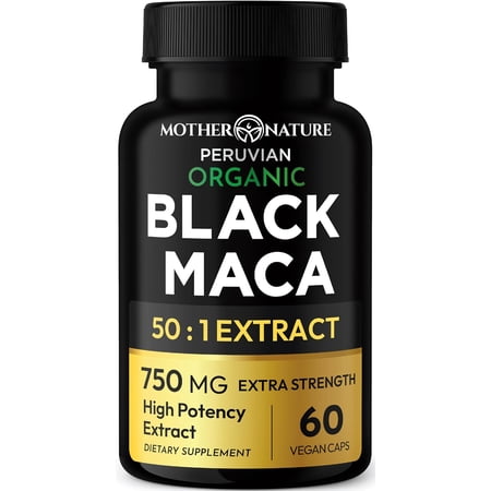 Mother Nature Organics Organic Black Maca Root Extract 50:1 – 37,500mg, 60 Capsules – Boost Stamina, Energy, Performance & Muscle Gain with Bioperine – Non-GMO, Peruvian Maca