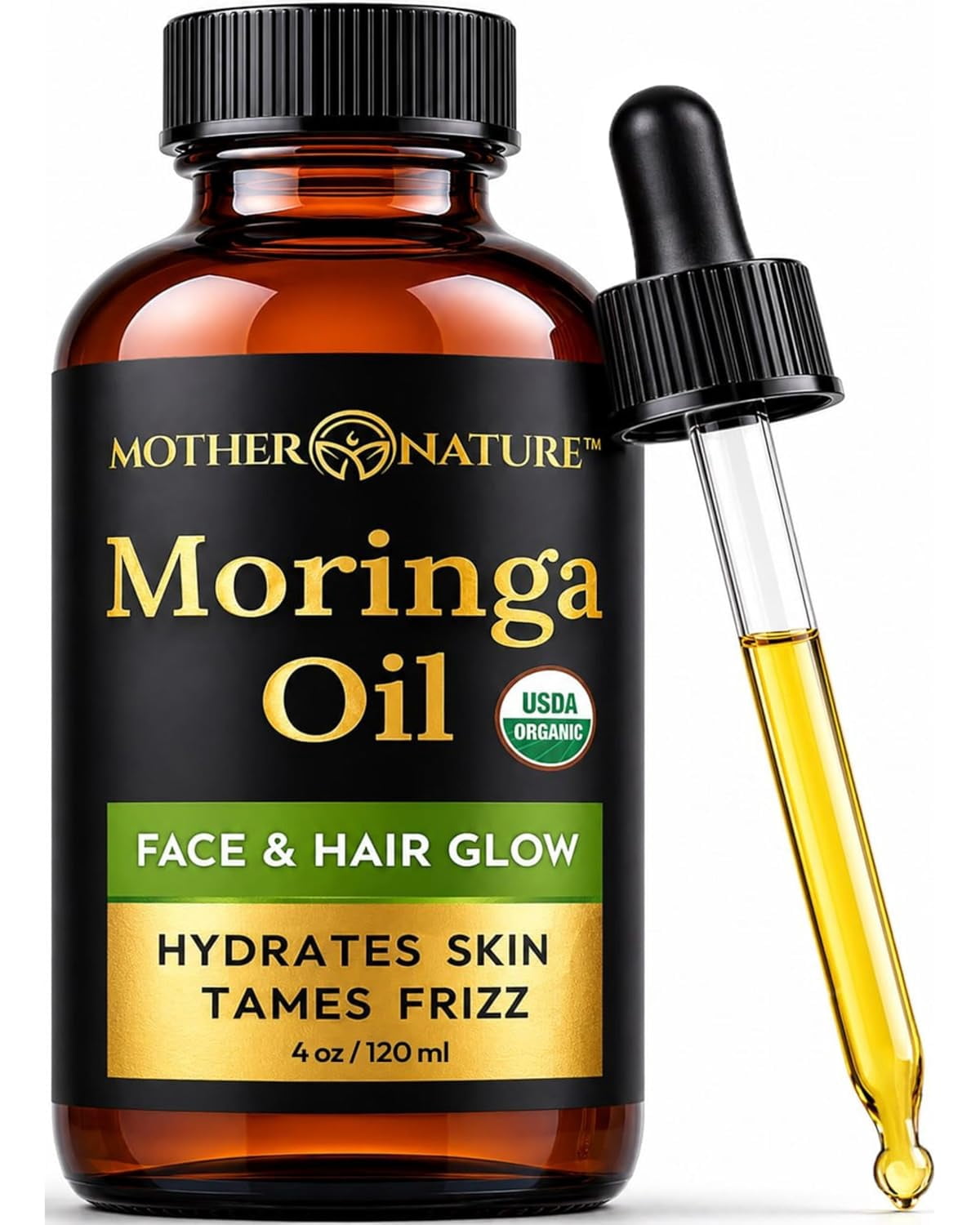 Mother Nature Organics USDA Organic Moringa Oil, 100% Pure Cold-Pressed, Natural Face, Hair & Body Moisturizer, 4 fl oz