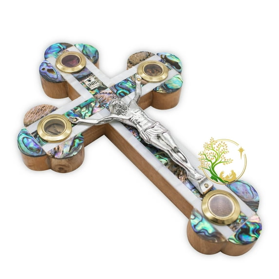 Mother Of Pearl Crucifix - Olive Wood Wall Hanging Cross Made In The Holy Land Bethlehem. Perfect Catholic Cross For All Occasions