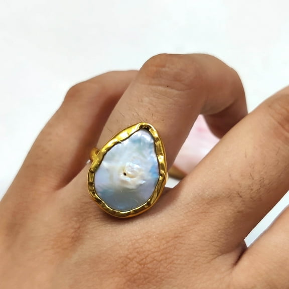 Mother Of Pearl Gemstone Ring, Brass Ring, Pear Shape Pearl Ring, June Birthstone, Gold Plated Ring, Proposal Ring, Gift For Her