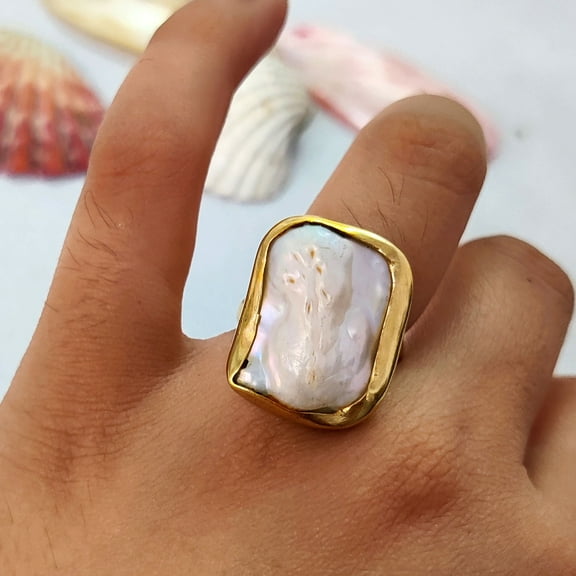 Mother Of Pearl Gemstone Ring, Brass Ring, Pear Shape Pearl Ring, June Birthstone, Gold Plated Ring, Proposal Ring, Gift For Her