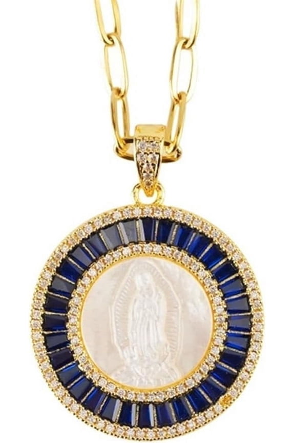 Mother Of Pearl Lady Guadalupe Scapular Necklace Medal Necklace,Cadena Virgen De Guadalupe 14K Gold Plated