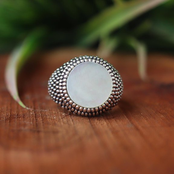 Mother Of Pearl Ring, 925 Sterling Silver Ring, Handmade Jewelry, Beaded Ring, Bold Round Ring, Statement Ring, Cabochon Ring, Gift For Her*