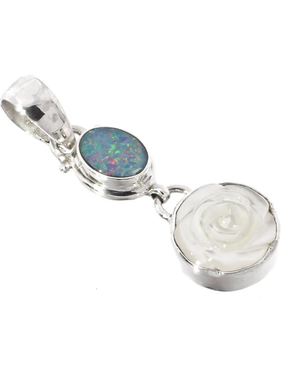Mother Of Pearl Shell Flower Australian Opal 925 Sterling Silver Pendant, 1 3/8"
