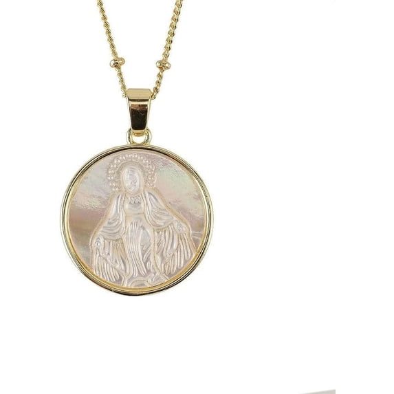 Mother Of Pearl Virgin Mary Miraculous Medal Necklace,Religious Faith Pendant,18K Gold Plated Cooper Necklace Women