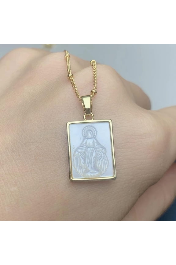 Mother Of Pearl Virgin Mary Scapular Necklace Mary Pearl Religious Faith Miraculous Medal Necklace,18k Gold Filled Chain