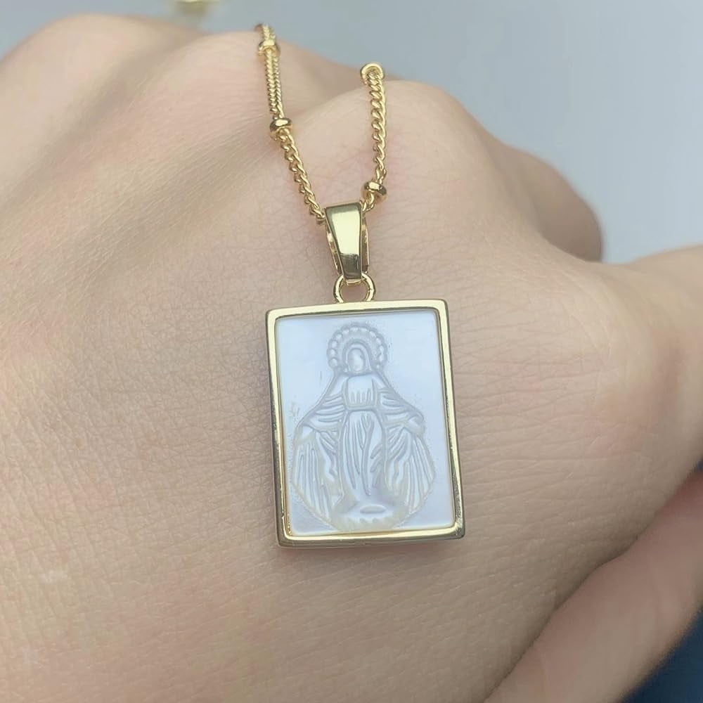 Mother Of Pearl Virgin Mary Scapular Necklace,Mother Of God Virgin Mary