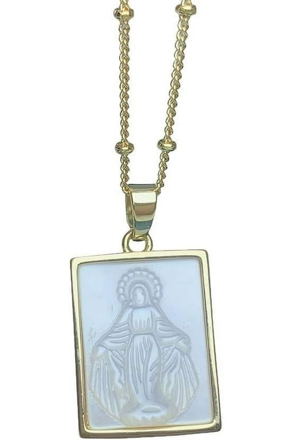 Mother Of Pearl Virgin Mary Scapular Necklace,Mother Of God Virgin Mary Pearl Religious Faith Miraculous Medal Necklace,18k Gold Filled Chain