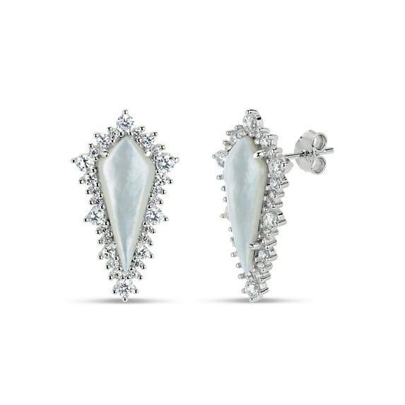 Mother Of Pearl and White Cubic Zirconia Sterling Silver Rhodium Plated Rhombus Triangle Stud Earrings