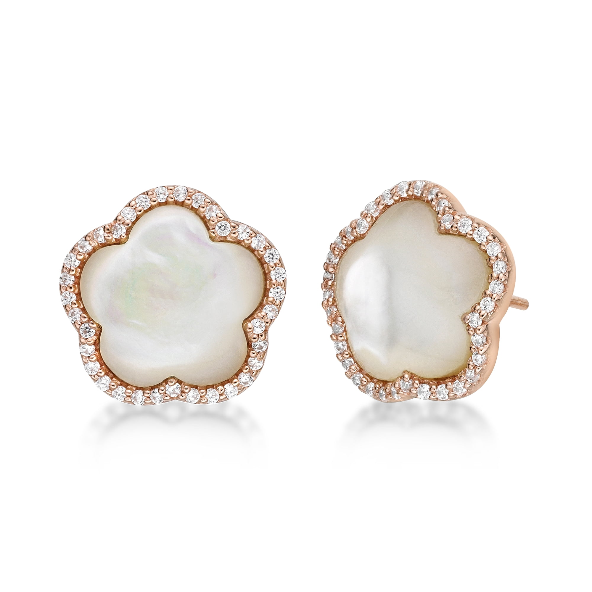 Mother of Pearl and Cubic Zirconia Five Petal Flower Stud Earrings in 925 Sterling Silver with Rose Gold Plating with Friction Back by Lavari Jewelers