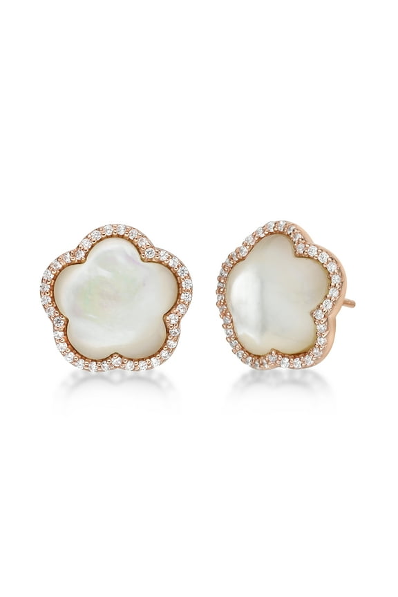 Mother of Pearl and Cubic Zirconia Five Petal Flower Stud Earrings in 925 Sterling Silver with Rose Gold Plating with Friction Back by Lavari Jewelers
