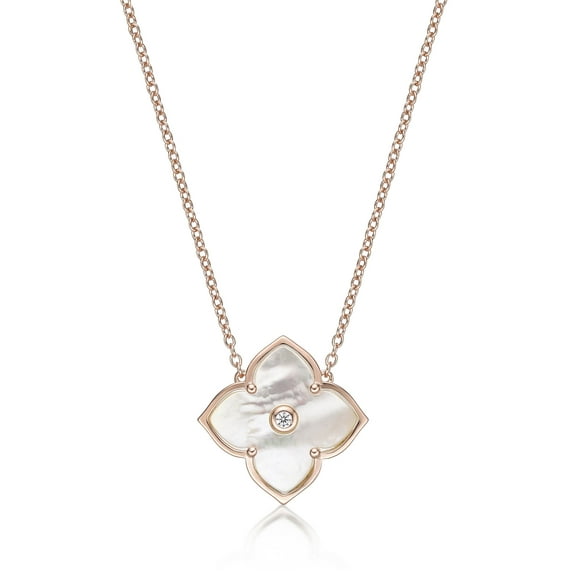 Mother of Pearl and Cubic Zirconia Flower Pendant Necklace for Women in 925 Sterling Silver with Rose Gold Plating 16-18 Inches Long Chain with Spring Ring by Lavari Jewelers