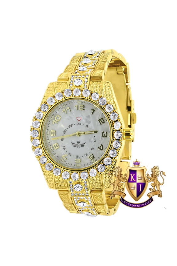 Mother Pearl Dial Solitaire Men's 14K Gold Finish Simulated Diamond Water Resistance Steel Back Watch 45MM