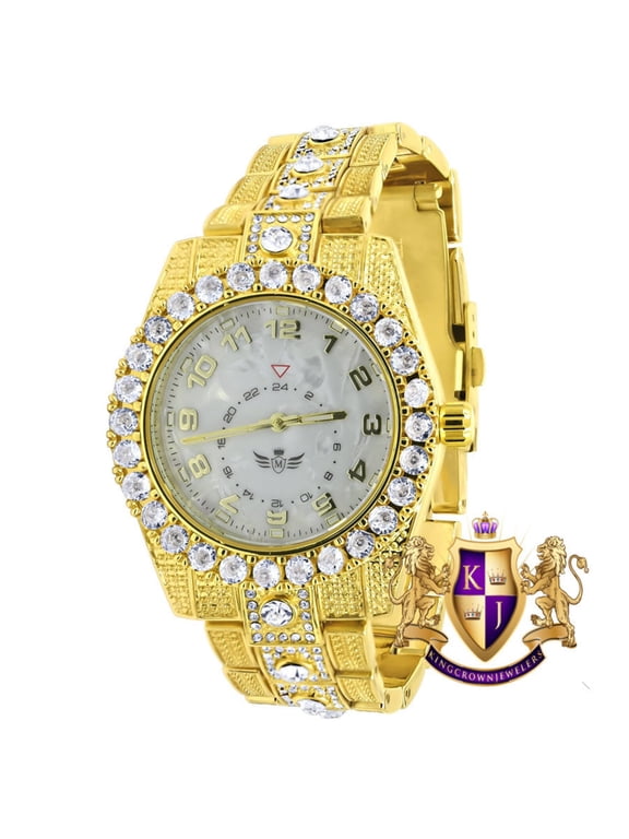 Mother Pearl Dial Solitaire Men's 14K Gold Finish Simulated Diamond Water Resistance Steel Back Watch 45MM
