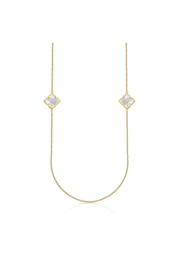 Mother of Pearl Four Petal Flower Chain Necklace for Women in 925 Sterling Silver with Yellow Gold Plating 18 Inches Long with Spring Ring Clasp by Lavari Jewelers