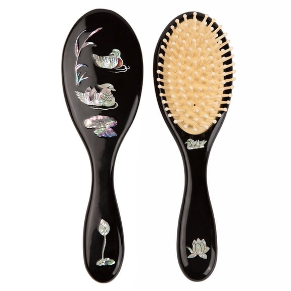 Mother of Pearl Inlay Art Mandarin Duck Couple Lotus Flower Luxury Oval Black Hair Brush Detangling Anti Static Scalp Massage Comb Wooden Handle Bristle Cushion Hairbrush