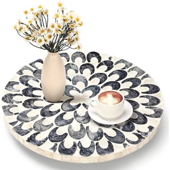 Mother of Pearl Lazy Susan for Table Turntable Organizer Wood Round Spinning Tray Rotating for Kitchen Cabinet Counter Spice Pantry 12 Inch(Floral Pattern)