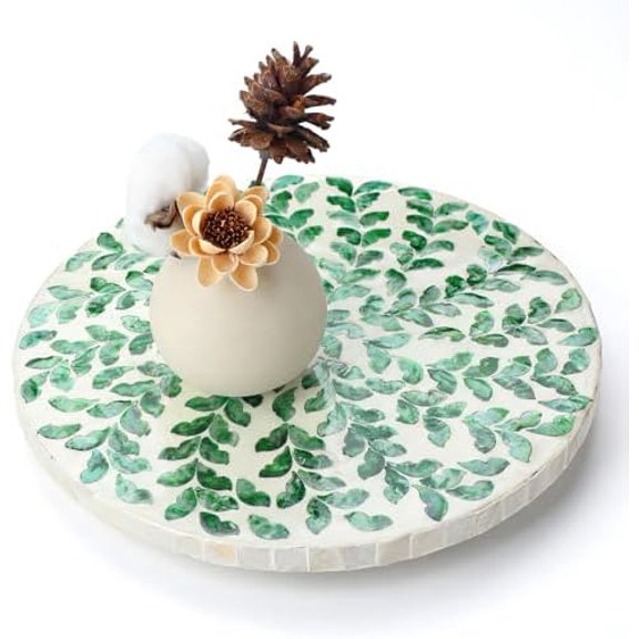 Mother of Pearl Lazy Susan for Table Turntable Organizer Wood Round Spinning Tray Rotating for Kitchen Cabinet Counter Spice Pantry 12 Inch (Green Grass Pattern)