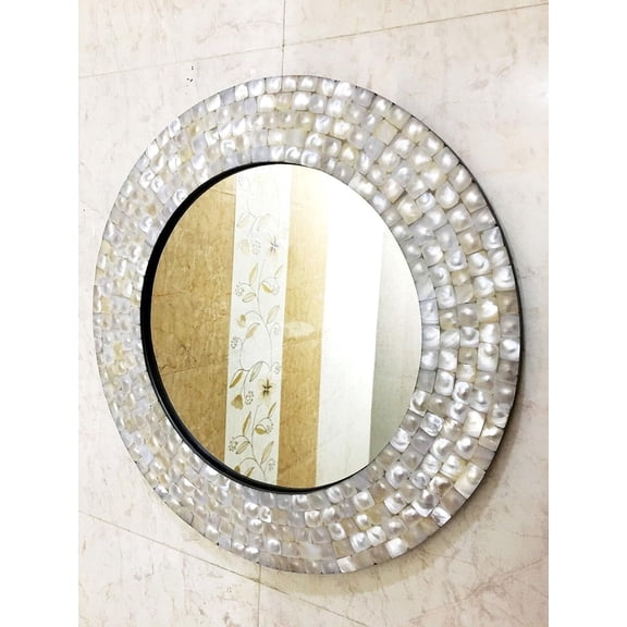 Mother of Pearl Mirrors Shells Design Frame Decorative Mother of Pearl Wall Hanging Mirror Bathroom Living Room Decor Antique Furniture for Home (15" inches)