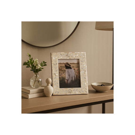 Decorative Picture Frame with Floral Vine Border for Mantel - Home Decor Accent Display for Living Room and Office - Photo Frame for Tabletop, Bedroom Nightstand, or Entryway Decor - 10", Ivory & Tan
