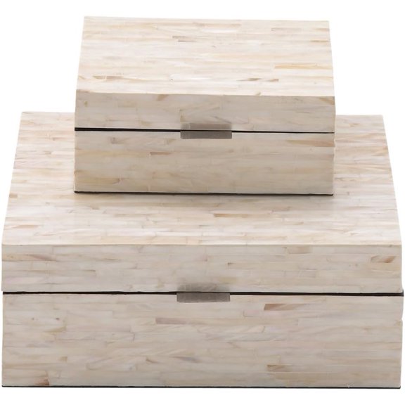 Mother of Pearl Shell Handmade Decorative Box Decorative Keepsake Boxes with Linear Mosaic Pattern and Hinged Lid, Set of 2 Storage Boxes 12", 8"W, White
