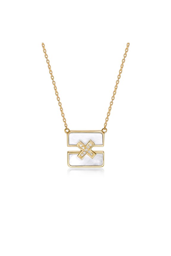 Mother of Pearl X Center Split Square Pendant Necklace for Women in 925 Sterling Silver with Yellow Gold Plating with White Sapphire on 18 Inch Long Adjustable Chain Lobster Claw by Lavari Jewelers