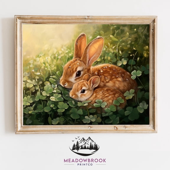 Mother Rabbit And Baby Spring Printable, Vintage Bunny Painting, Easter Wall Art, Cottagecore Nursery Decor, Rustic Spring Animal Print 1041, Unframed Canvas Size 8x12