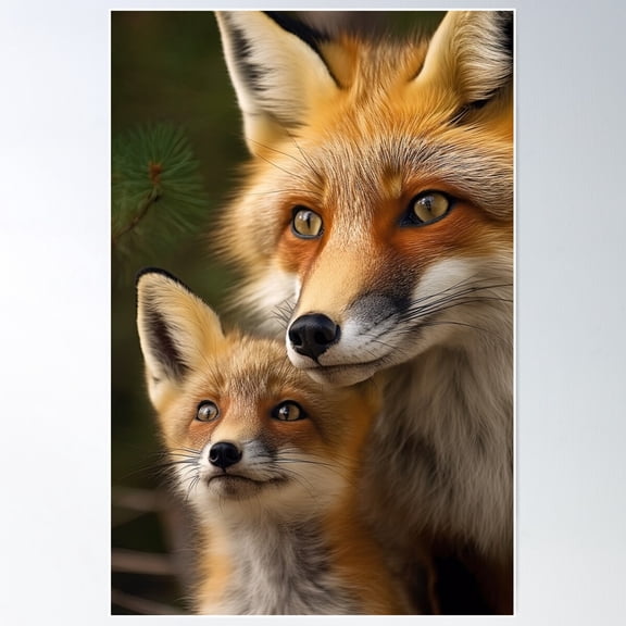 Mother Red Fox And Her Cub Close Up . Ai Generated Illustration Poster Wall Art Modern Wall Decor For Living Room Bedroom Art