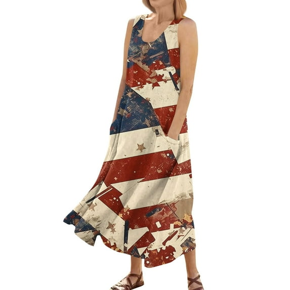 Mother'S Day Dress, 4Th Of July Casual Cotton Sleeveless Round Neck American Flag Ruffle Flowy Long Tank Body Con Dress Flower Homecoming Dresses For Women Dresses Cocktail (S, Khaki) ZMTing